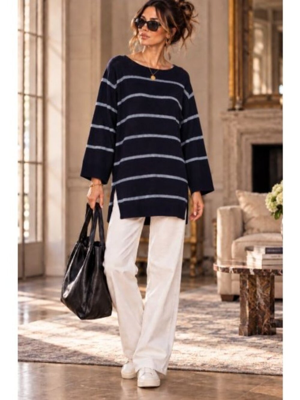 Eileen Fisher Striped Sweater Oversized Quiet Luxury Nautical Coastal Grandma L